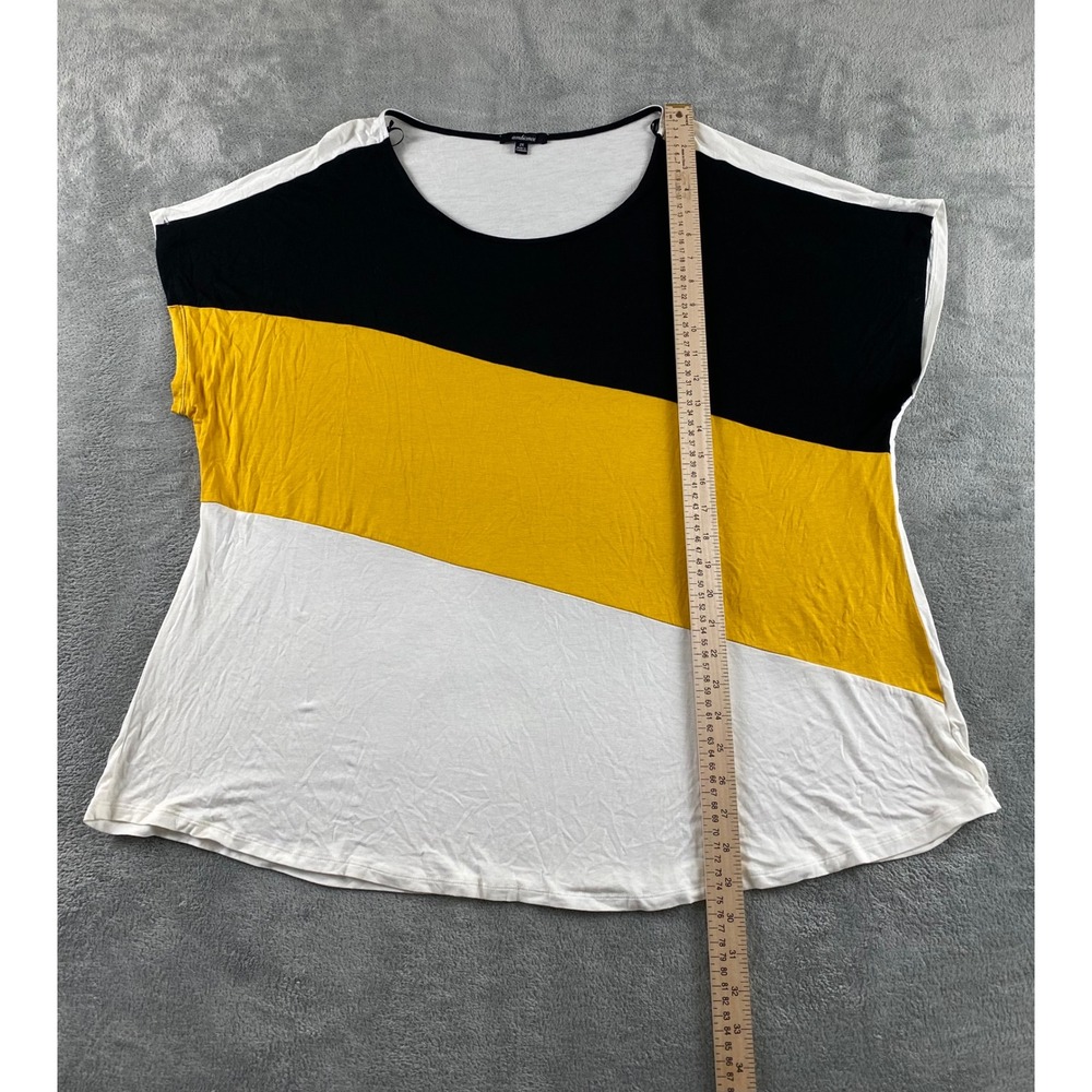 Ambiance Womens 2X Colorblock Top Black Yellow White Short Slv Scoop Neck Blouse - Picture 5 of 8
